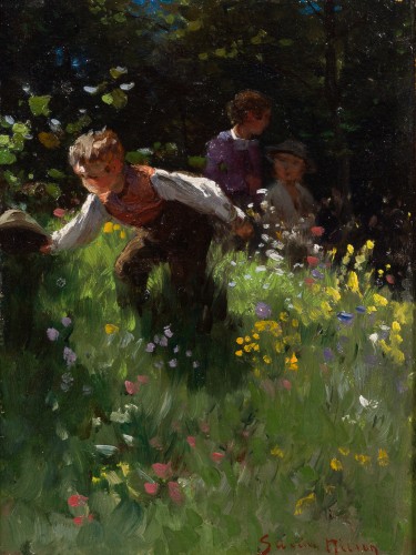 Severin Nilson (1846–1918), - Enfants dans une prairie fleurie - Tableaux et dessins Style 