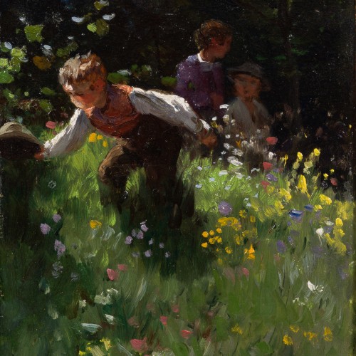 XIXe siècle - Severin Nilson (1846–1918), - Enfants dans une prairie fleurie