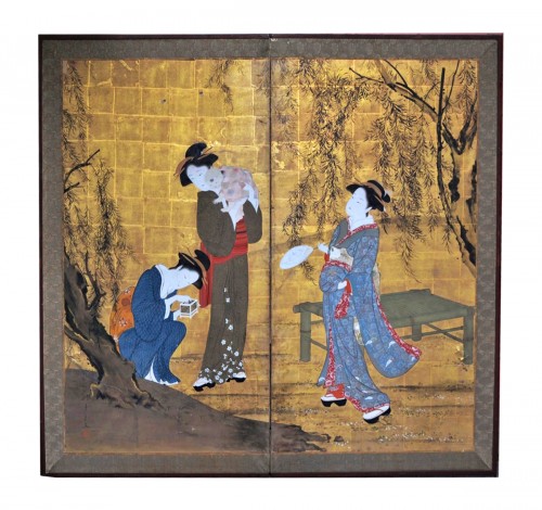 19th century Japanese folding screen - Firefly hunt
