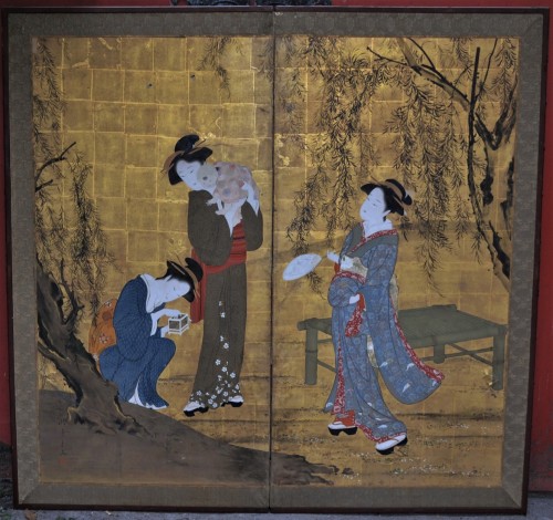 19th century Japanese folding screen - Firefly hunt - Asian Works of Art Style 