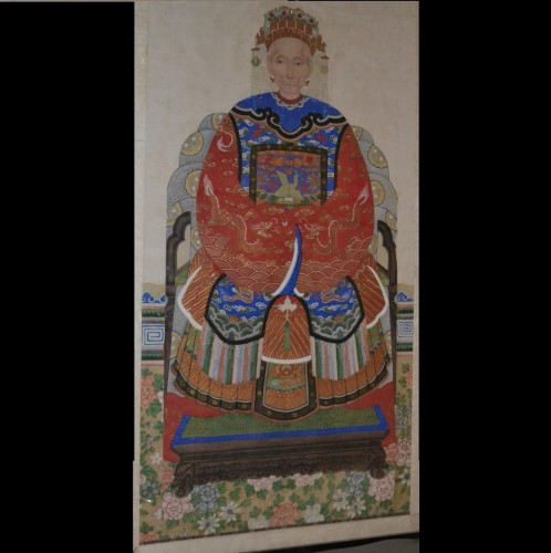 Chinese watercolor on paper representing an ancestor portrait. Qing Dynasty - Asian Works of Art Style 