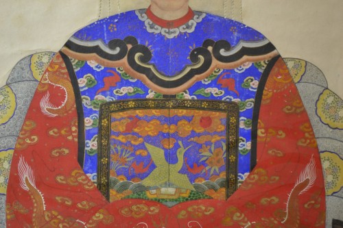 Asian Works of Art  - Chinese watercolor on paper representing an ancestor portrait. Qing Dynasty