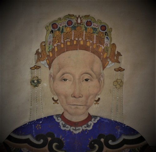 XIXe siècle - Portrait d'ancêtre - Aquarelle sur papier, Chine dynastie Qing