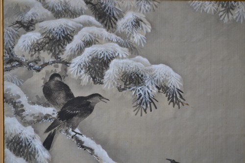 XXe siècle - Corbeaux en hiver - Peinture sur soie fin 19e début 20e siècle
