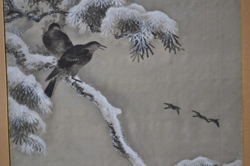 Corbeaux en hiver - Peinture sur soie fin 19e début 20e siècle - 