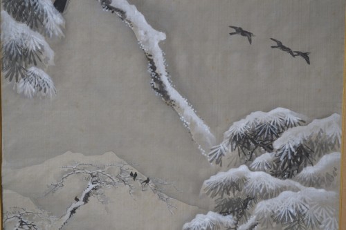 Antiquités - Corbeaux en hiver - Peinture sur soie fin 19e début 20e siècle