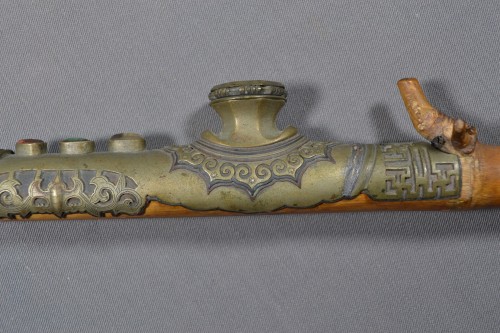 Asian Works of Art  - Opium pipe. Bamboo Jadeite Metals, China Qing dynasty 19th century