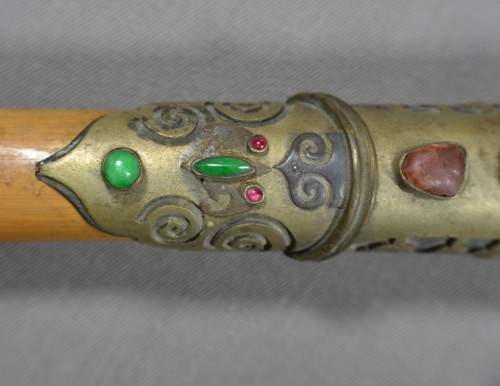 Antiquités - Pipe à opium en bambou, métal et jadéites, Chine dynastie Qing 19e siècle