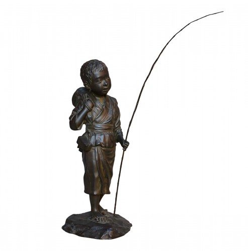 Japanese young fisherman in cast bronze.Meiji period