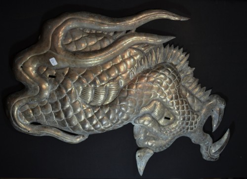 Asian Works of Art  - Colossal Chinese dragon in golden embossed copper