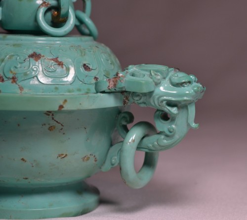 Asian Works of Art  - Turquoise censer carved with dragons, China Qing period