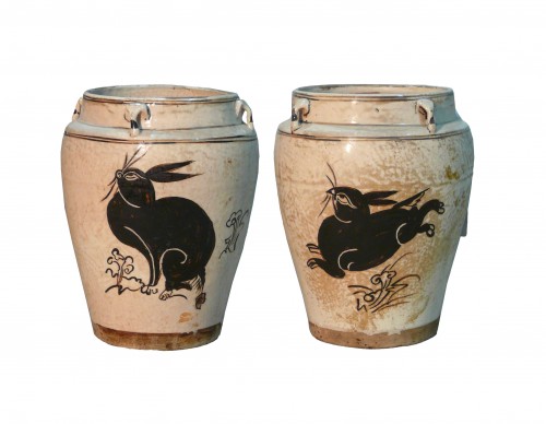 Paire de jarres en grés Cizhou à décor de lièvre, Chine Dynastie Ming 16e siècle