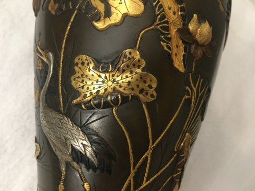 19th century - Pair of mixed metal vases, Japan Meiji period end of the 19th century