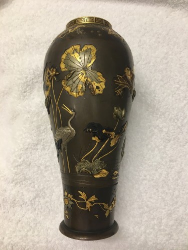 Antiquités - Pair of mixed metal vases, Japan Meiji period end of the 19th century