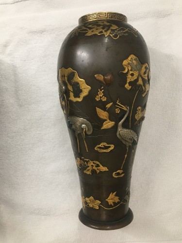 Antiquités - Pair of mixed metal vases, Japan Meiji period end of the 19th century