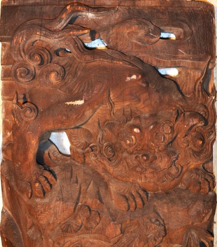 Antiquités - Paire de panneaux en bois sculpté de lions.période Edo (1603-1863)