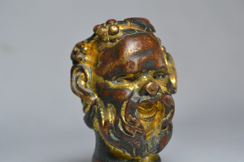 Antiquités - Gilt bronze head of Bacchus, Italian Renaissance cane knob, 16th century.