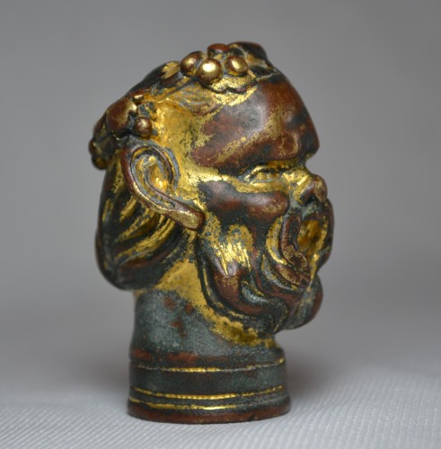 Antiquités - Gilt bronze head of Bacchus, Italian Renaissance cane knob, 16th century.