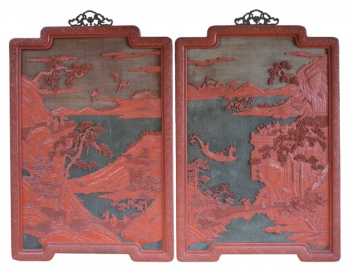 Carved cinnabar lacquer panels. China, 18th century, Qianlong reign.