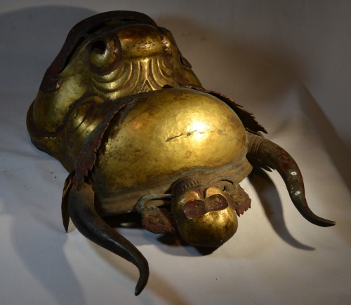 Asian Works of Art  - Yamantaka (Vajrabhairava) mask in embosed and gilded copper, Tibet 19th century