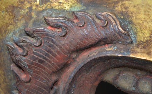 Yamantaka (Vajrabhairava) mask in embosed and gilded copper, Tibet 19th century - 