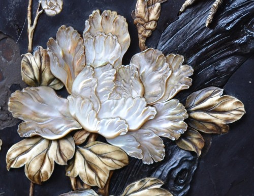  - A triptych in lacquered wood inlaid with mother-of-pearl. Japan, late 19th 