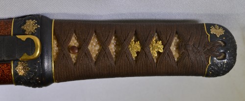 Asian Works of Art  -  Aikuchi - Blade by Ujifusa, nashiji and shakudo scabbard in gold Japan 17th &amp;19th centuries