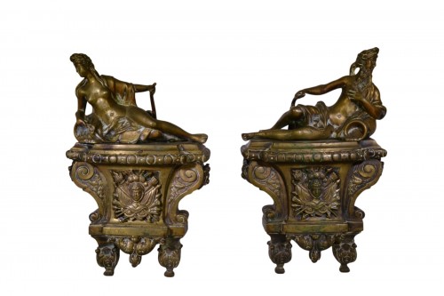 Fleuves et Rivières, paire de chenets Louis XIV en bronze