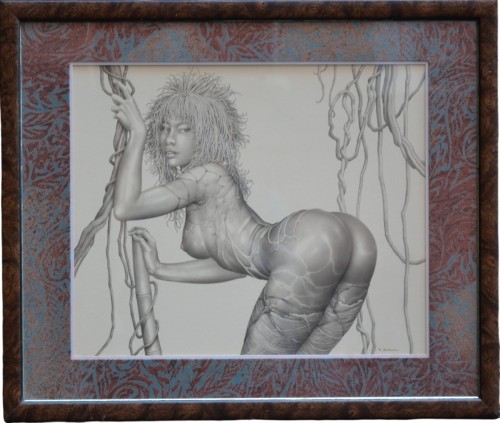 Original erotic drawing by R. Bertrand, 1970s. "Melanesian Woman."