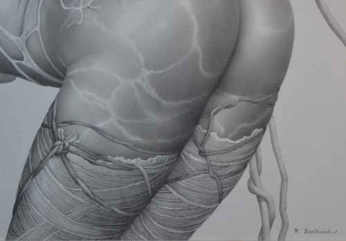 Original erotic drawing by R. Bertrand, 1970s. "Melanesian Woman." - 