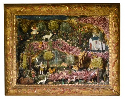 Diorama en verre filé. St François prêchant les animaux, Nevers XVIIIe siècle