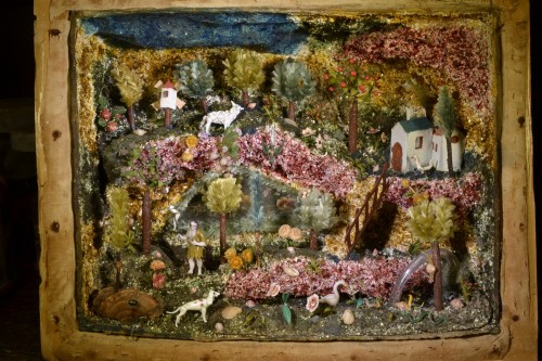 Art sacré, objets religieux  - Diorama en verre filé. St François prêchant les animaux, Nevers XVIIIe siècle