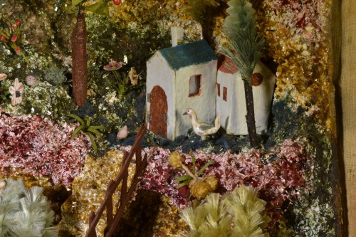 Antiquités - Diorama en verre filé. St François prêchant les animaux, Nevers XVIIIe siècle