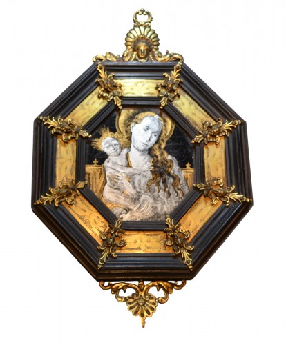 Portraits de Marie et Jésus, verre églomisé (fixé).Cadre bois et bronze doré.17° sièc