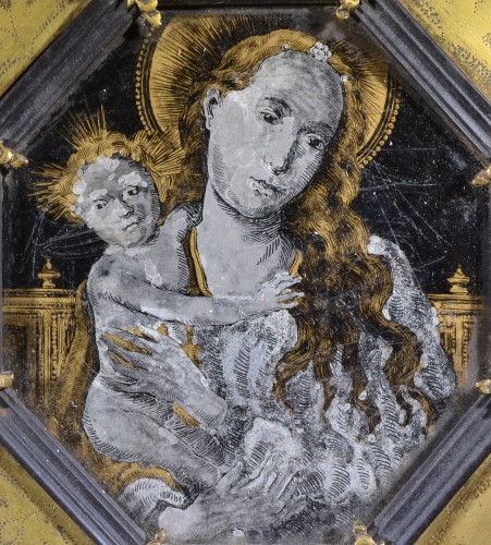 Portraits de Marie et Jésus, verre églomisé (fixé).Cadre bois et bronze doré.17° sièc - Art sacré, objets religieux Style 