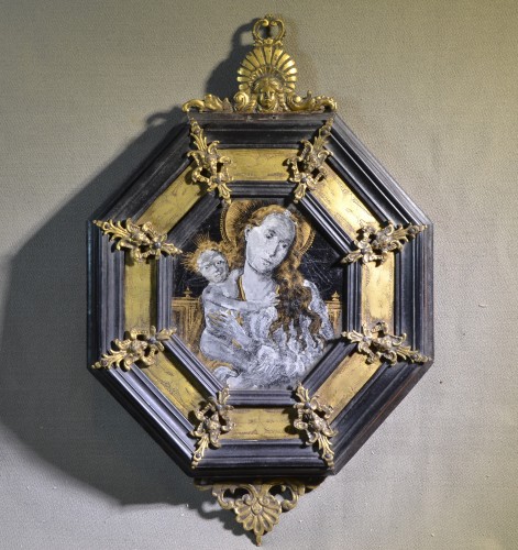 Portraits de Marie et Jésus, verre églomisé (fixé).Cadre bois et bronze doré.17° sièc - 