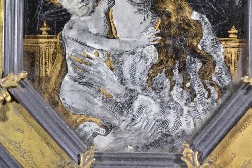  - Portraits de Marie et Jésus, verre églomisé (fixé).Cadre bois et bronze doré.17° sièc