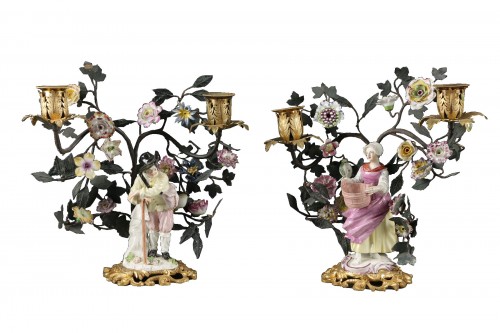 Paire de candélabres aux jardiniers porcelaine de Meissen et de Frankenthal