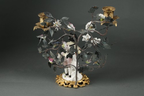 Louis XV - Pair of candelabras with gardeners Meissen and Frankenthal porcelain