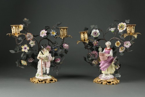 Antiquités - Pair of candelabras with gardeners Meissen and Frankenthal porcelain