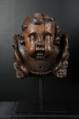 Paire de têtes d'anges en bois sculpté Flandres 17e siècle - Sculpture Style 