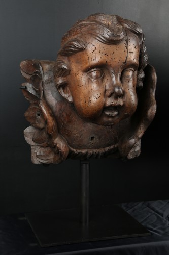 Sculpture  - Pair of carved wooden angel heads Flanders 17th century