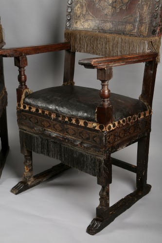 Antiquités - Paire de chaises à bras Italie XVIIe siècle