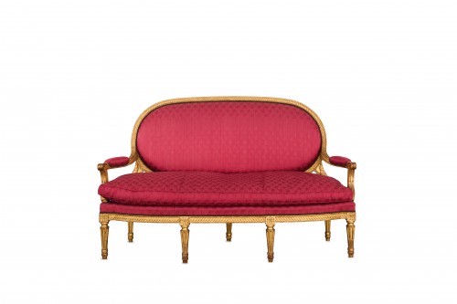 Louis XVI salon in gilded wood, sofa and six armchairs - Seating Style Louis XVI