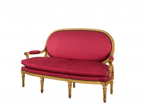 Seating  - Louis XVI salon in gilded wood, sofa and six armchairs