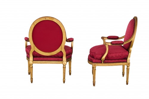 Louis XVI salon in gilded wood, sofa and six armchairs - Louis XVI