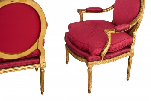 Louis XVI - Louis XVI salon in gilded wood, sofa and six armchairs