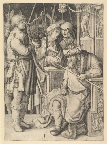 David and King Saul, based on an engraving by Lucas van Leyden - Paintings & Drawings Style 
