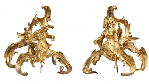 Pair of Louis XV Chinese-style andirons in gilt bronze 