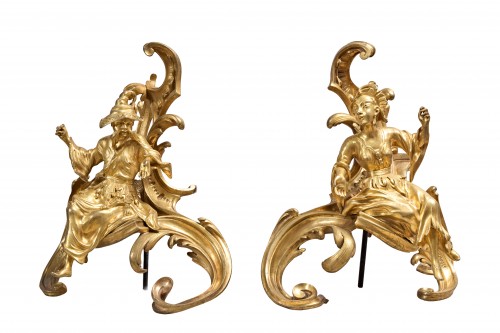 Pair of Louis XV Chinese-style andirons in gilt bronze  - Decorative Objects Style Louis XV